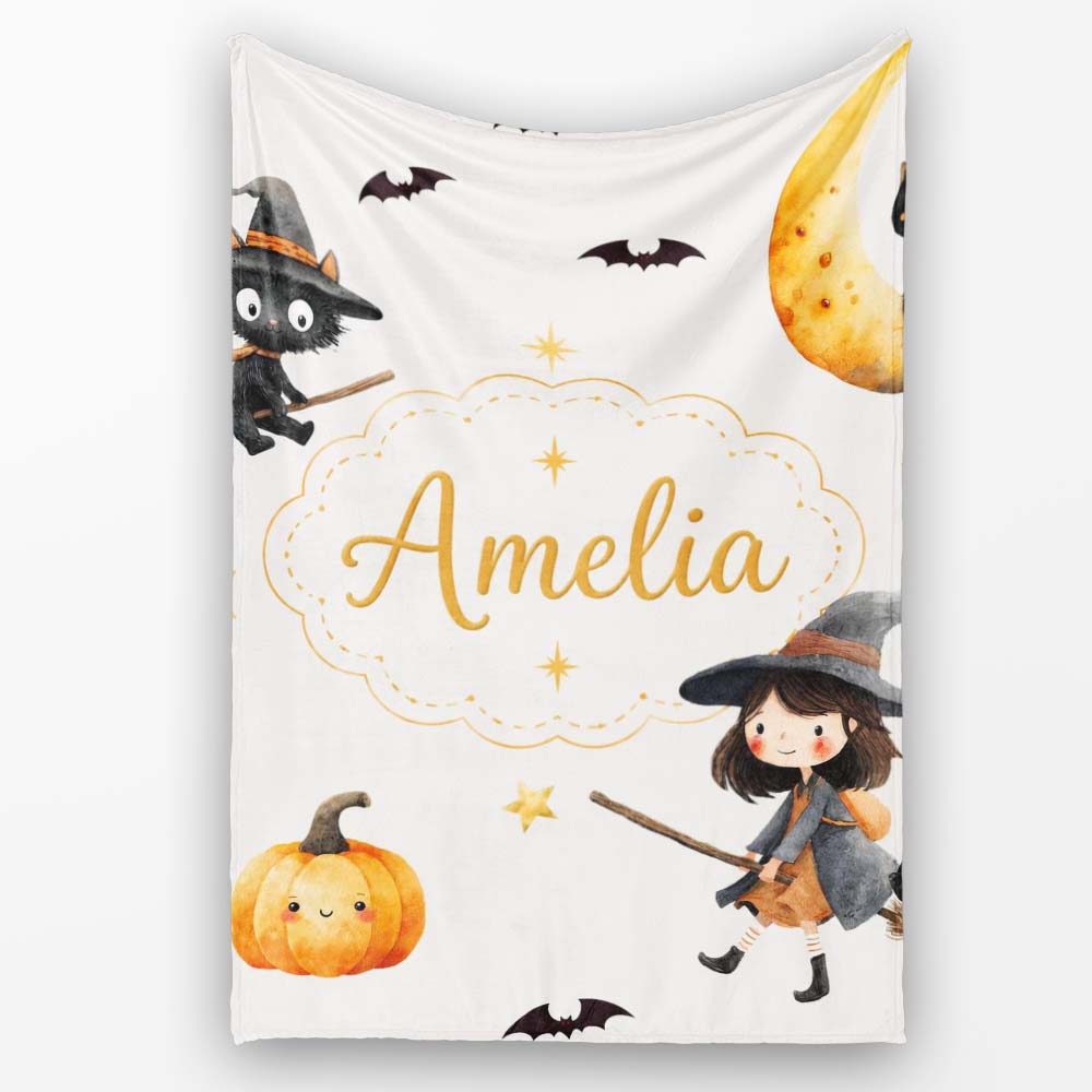 Cute Halloween Witch Girl Cat and Crescent Moon Light Grey Lovely Personalised Custom Name Super Soft Fleece Blanket Bed Sofa Throw