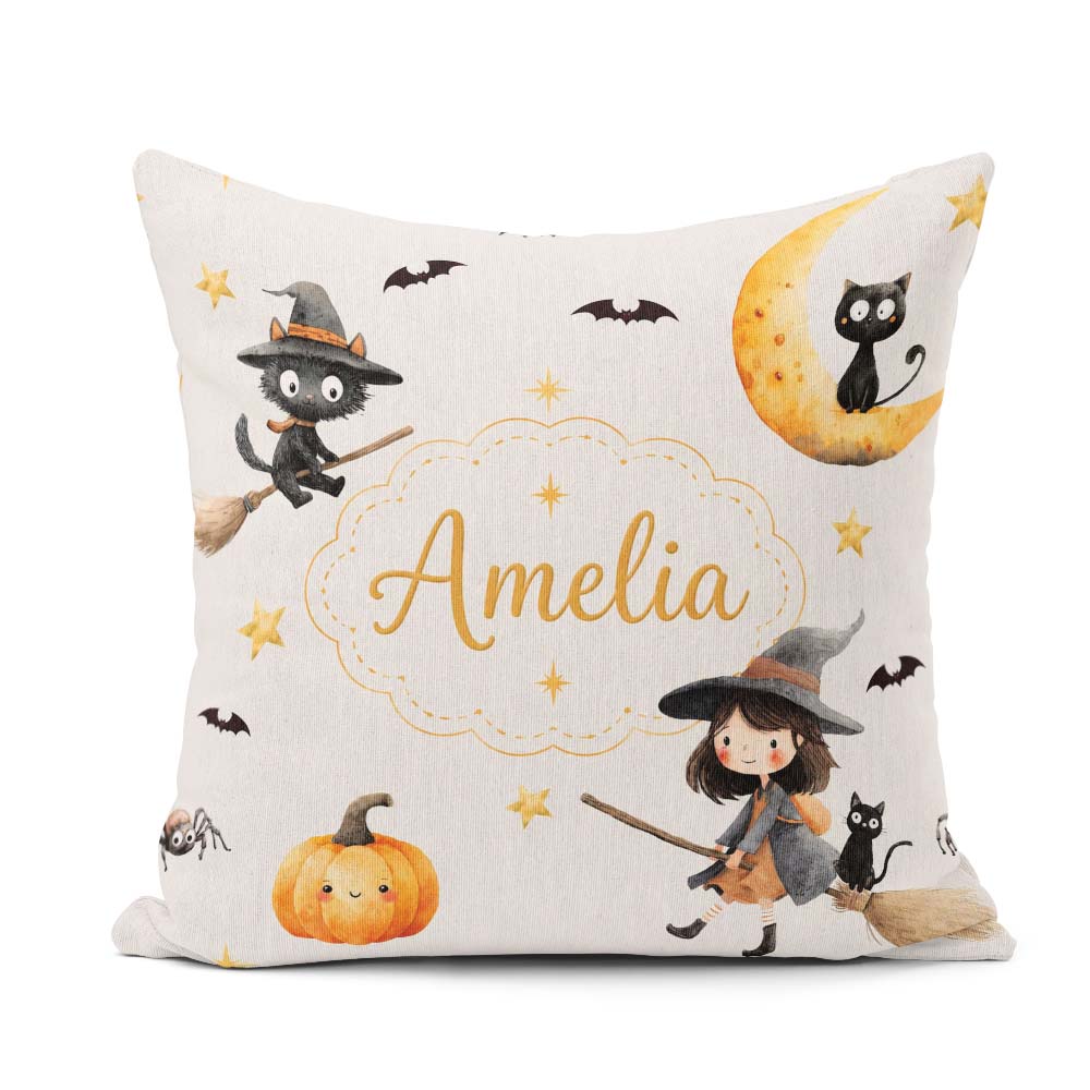 Custom Name Cute Halloween Witch Girl Cat and Crescent Moon Grey Square Filled Cushion Throw Pillow Sofa Bed Home Decor Zip Washable UK Made