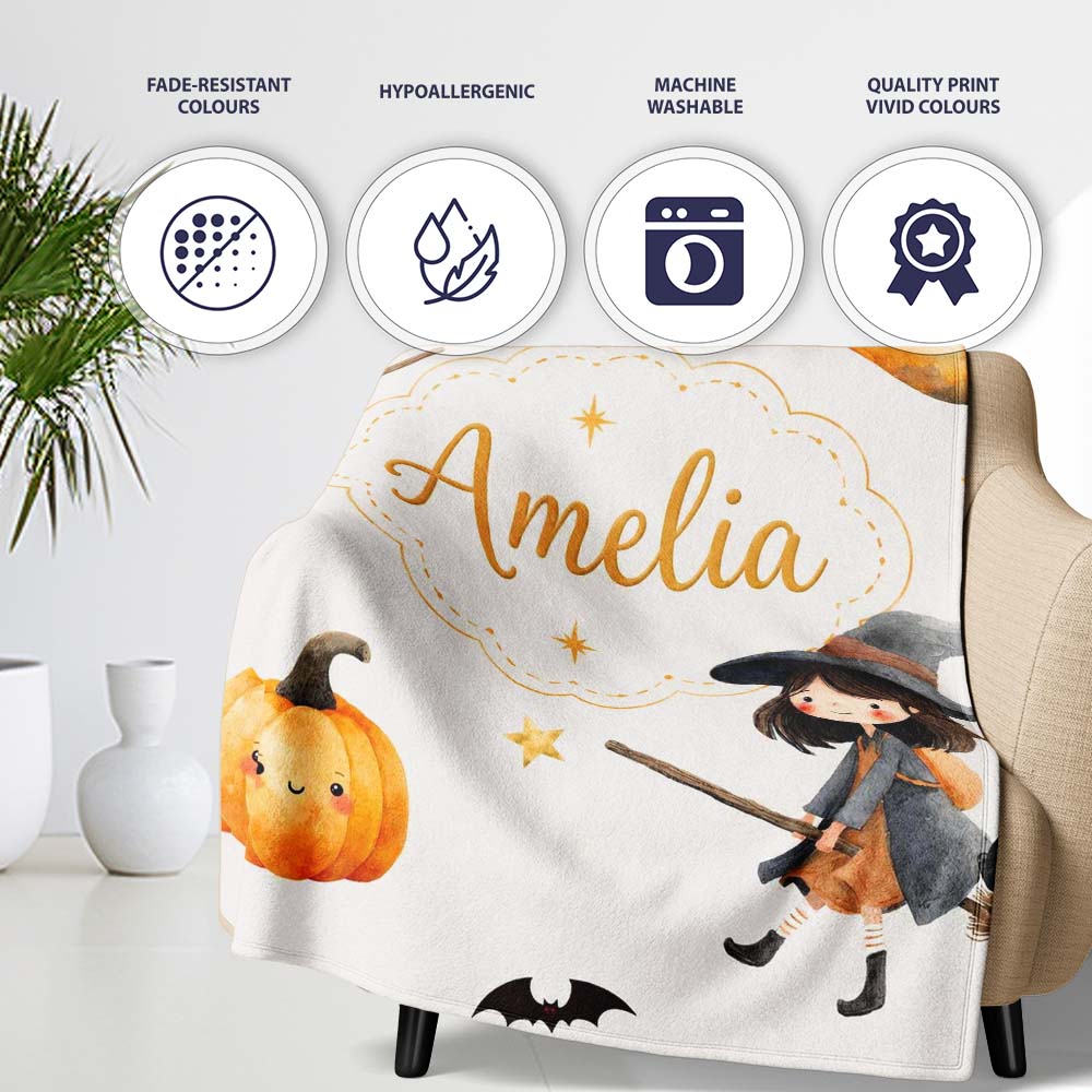 Cute Halloween Witch Girl Cat and Crescent Moon Light Grey Lovely Personalised Custom Name Super Soft Fleece Blanket Bed Sofa Throw