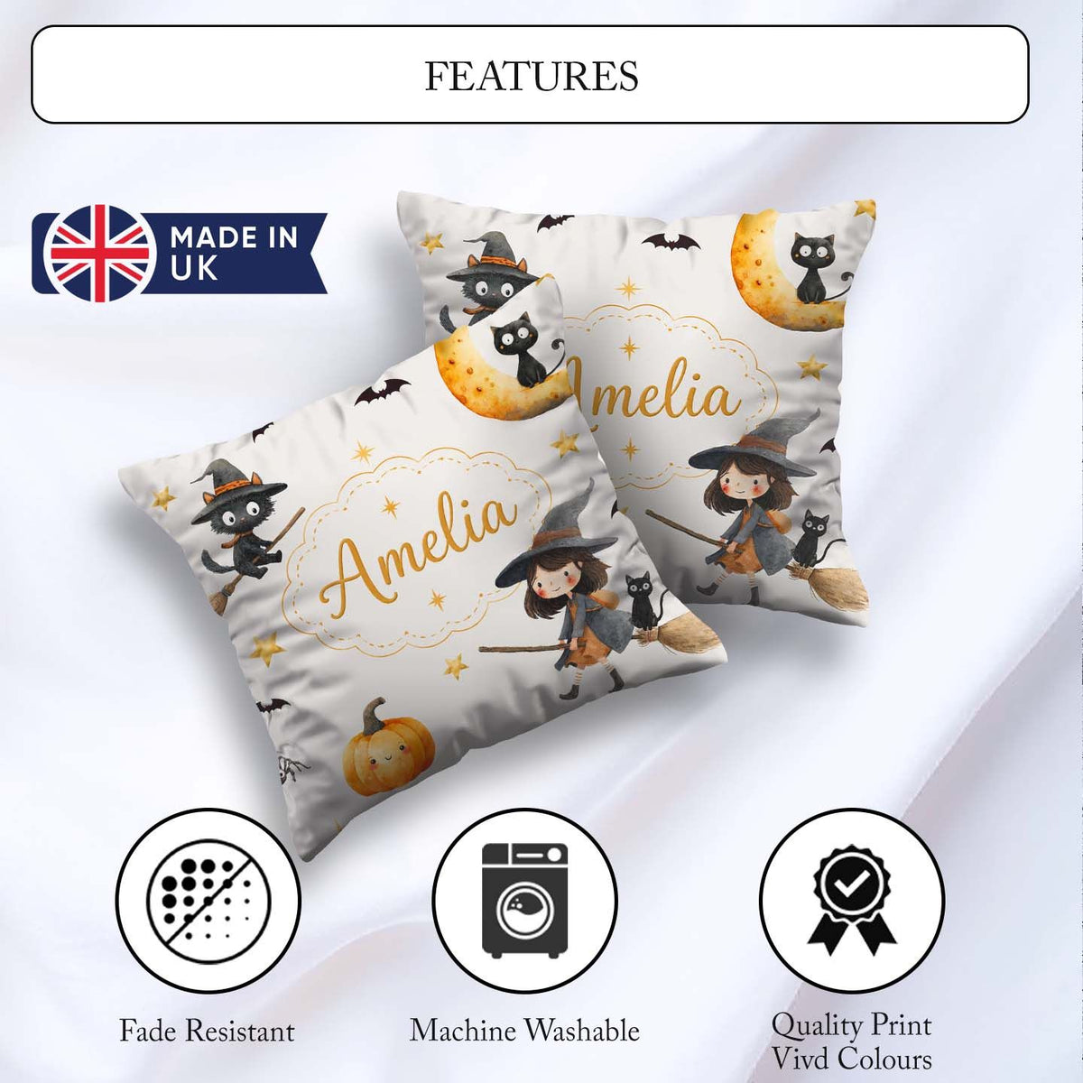 Custom Name Cute Halloween Witch Girl Cat and Crescent Moon Grey Square Filled Cushion Throw Pillow Sofa Bed Home Decor Zip Washable UK Made