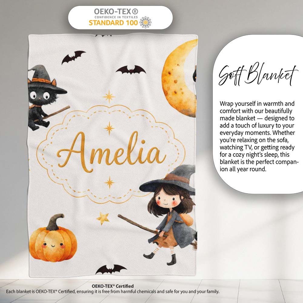 Cute Halloween Witch Girl Cat and Crescent Moon Light Grey Lovely Personalised Custom Name Super Soft Fleece Blanket Bed Sofa Throw