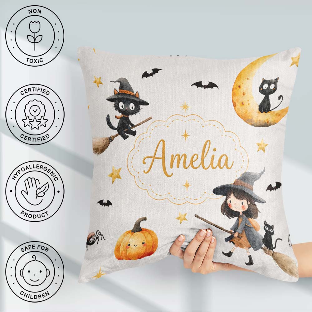 Custom Name Cute Halloween Witch Girl Cat and Crescent Moon Grey Square Filled Cushion Throw Pillow Sofa Bed Home Decor Zip Washable UK Made