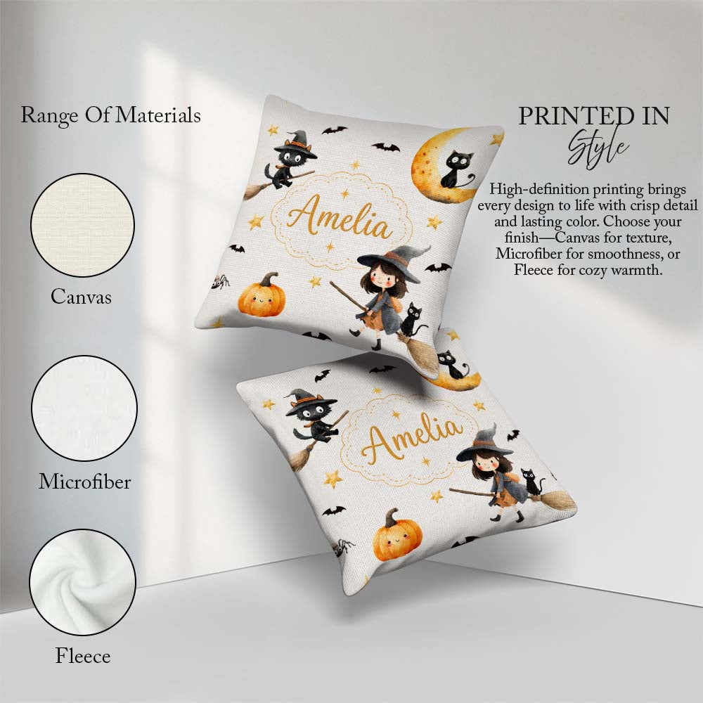 Custom Name Cute Halloween Witch Girl Cat and Crescent Moon Grey Square Filled Cushion Throw Pillow Sofa Bed Home Decor Zip Washable UK Made