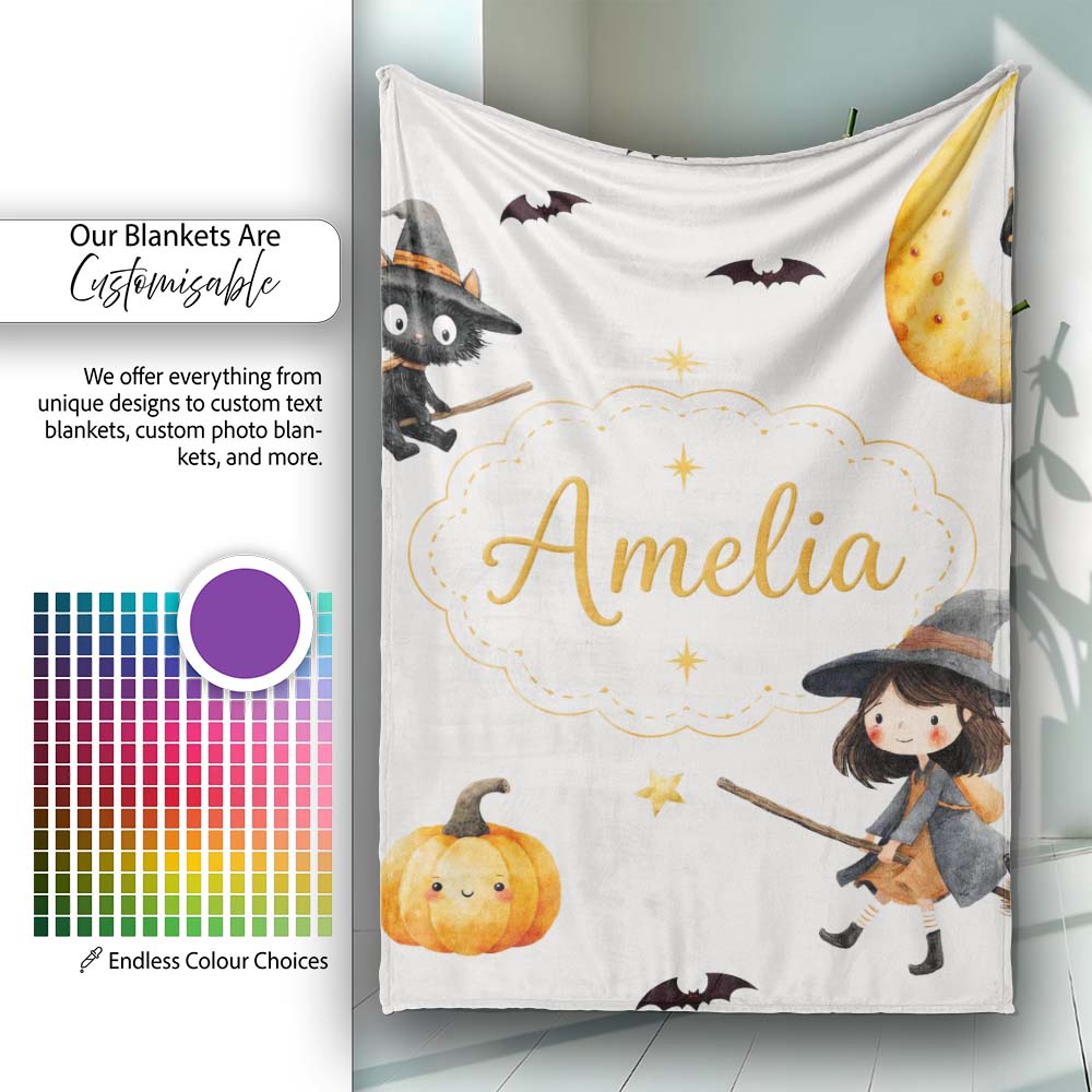 Cute Halloween Witch Girl Cat and Crescent Moon Light Grey Lovely Personalised Custom Name Super Soft Fleece Blanket Bed Sofa Throw
