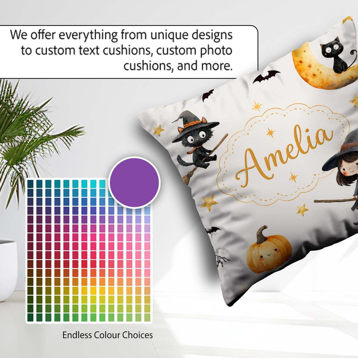 Custom Name Cute Halloween Witch Girl Cat and Crescent Moon Grey Square Filled Cushion Throw Pillow Sofa Bed Home Decor Zip Washable UK Made