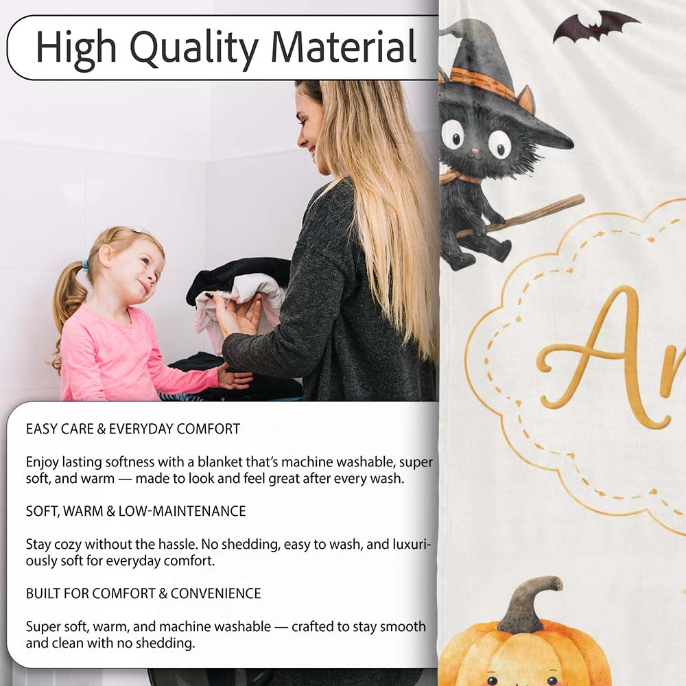 Cute Halloween Witch Girl Cat and Crescent Moon Light Grey Lovely Personalised Custom Name Super Soft Fleece Blanket Bed Sofa Throw