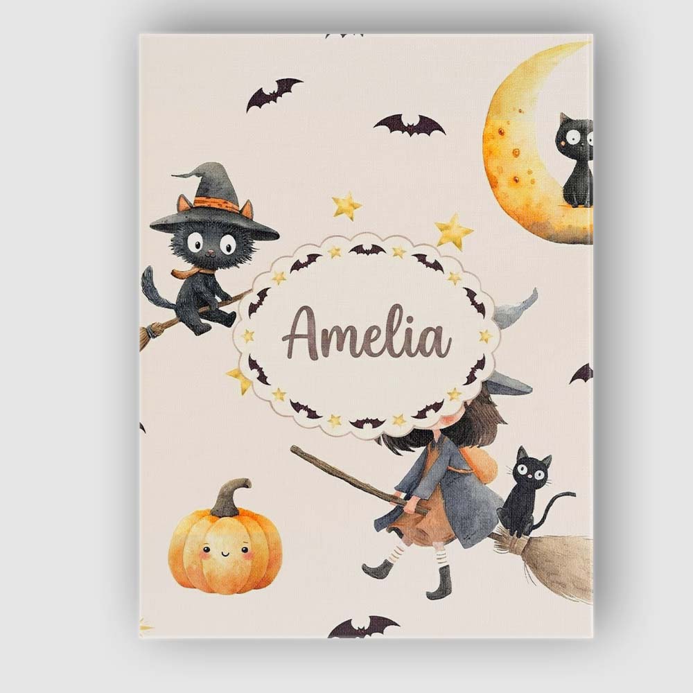 Personalised Name Cute Witch Girl and Black Custom Bespoke Interior Contemporary Canvas Wall Art Print Decor Picture Ready to Hang