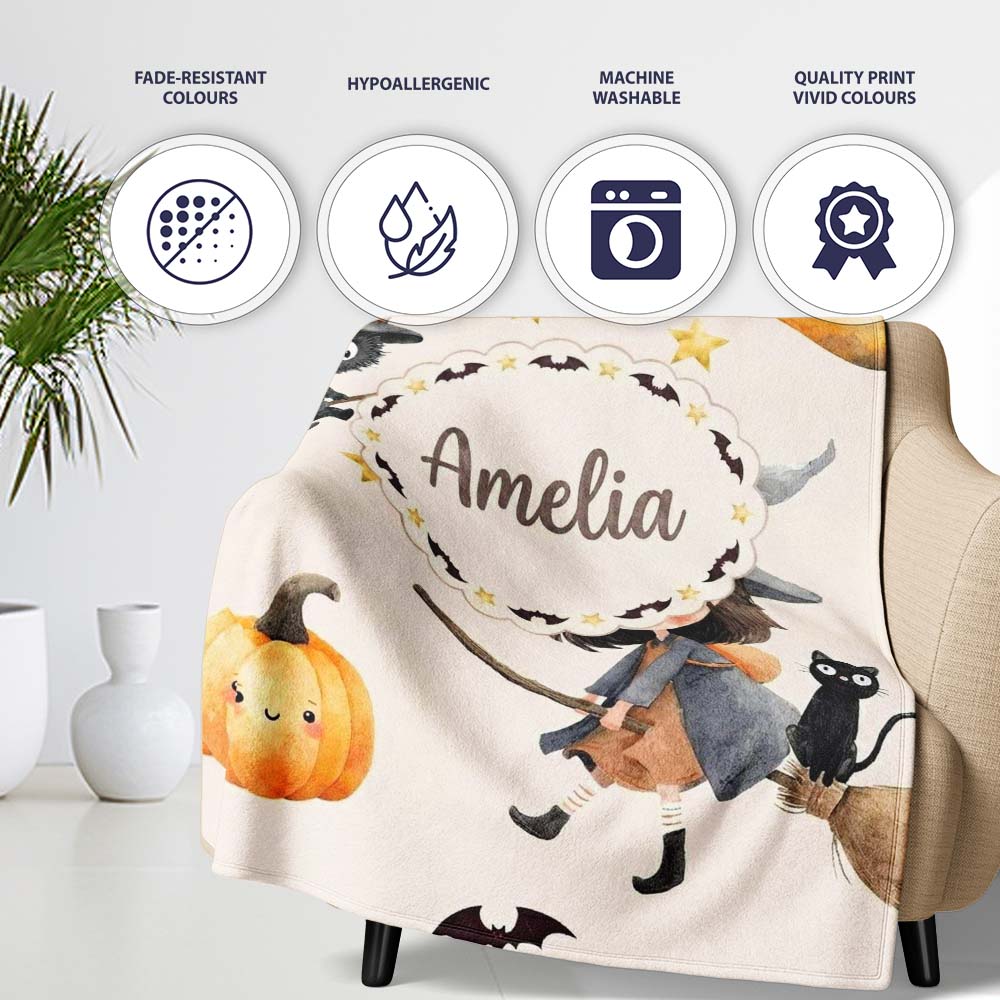 Cute Witch Girl and Black Cat with Stars and Moon Beige Background Personalised Custom Name Super Soft Fleece Blanket Bed Sofa Throw