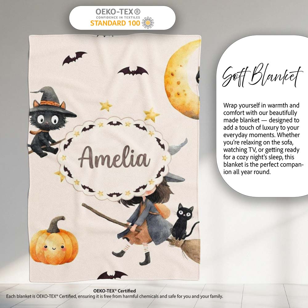 Cute Witch Girl and Black Cat with Stars and Moon Beige Background Personalised Custom Name Super Soft Fleece Blanket Bed Sofa Throw