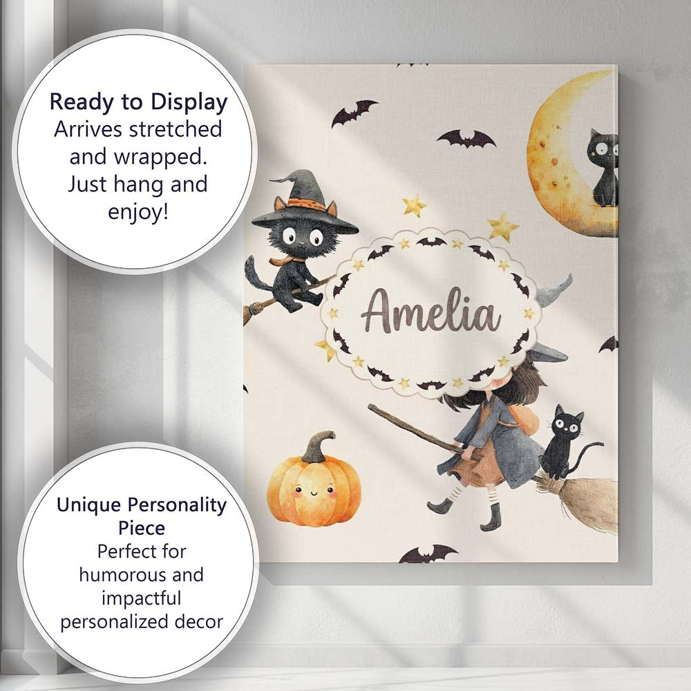 Personalised Name Cute Witch Girl and Black Custom Bespoke Interior Contemporary Canvas Wall Art Print Decor Picture Ready to Hang