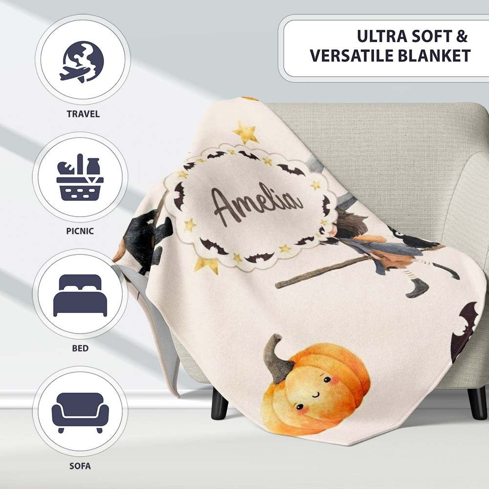 Cute Witch Girl and Black Cat with Stars and Moon Beige Background Personalised Custom Name Super Soft Fleece Blanket Bed Sofa Throw