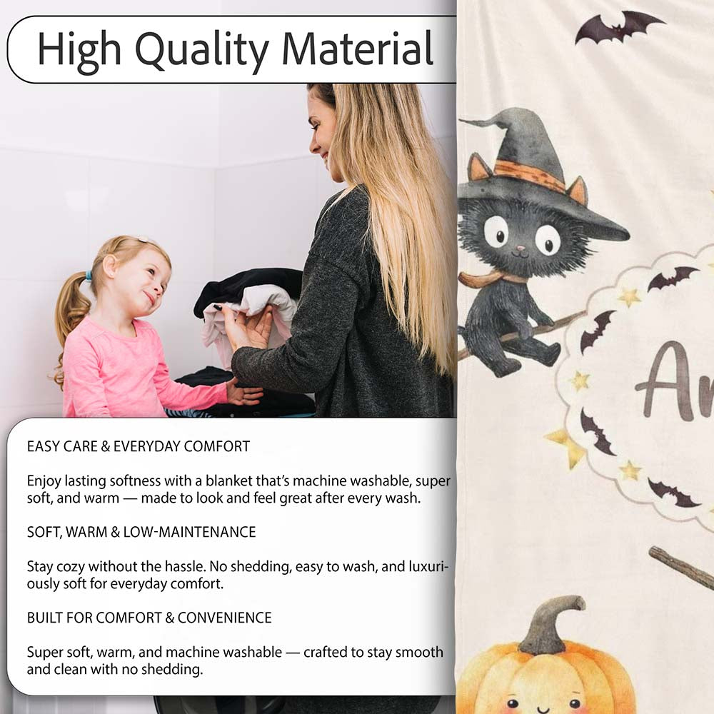 Cute Witch Girl and Black Cat with Stars and Moon Beige Background Personalised Custom Name Super Soft Fleece Blanket Bed Sofa Throw