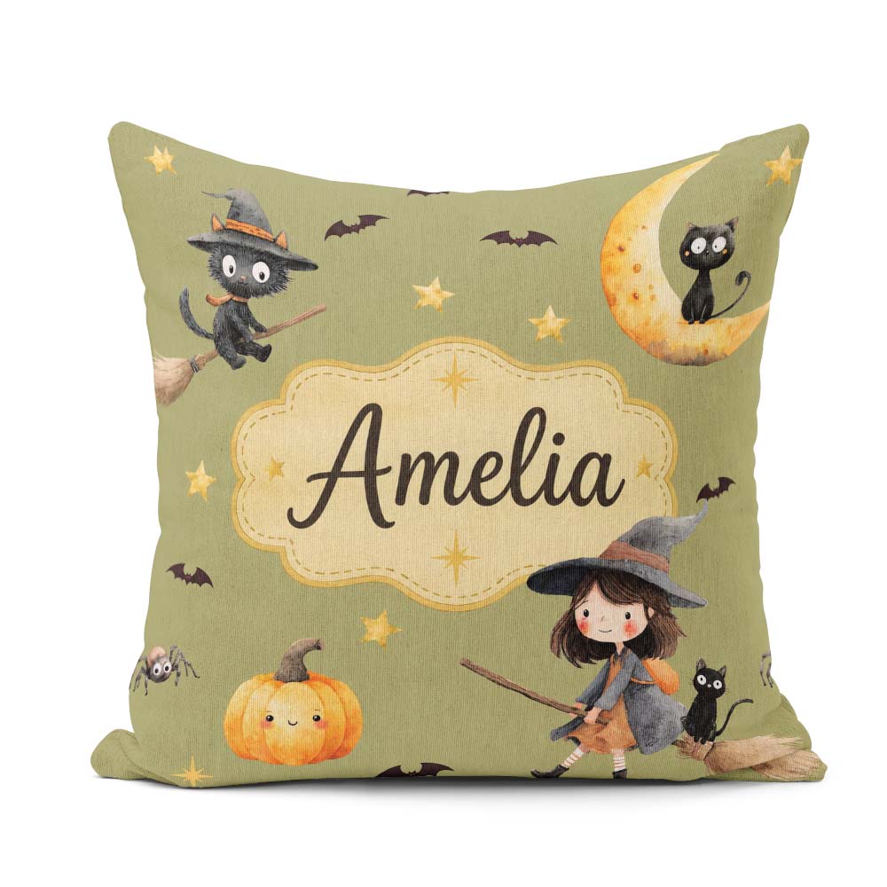 Custom Name Witch Girl Flying with Cat, Bats, Stars Olive Green Square Filled Cushion Throw Pillow Sofa Bed Home Decor Zip Washable UK Made