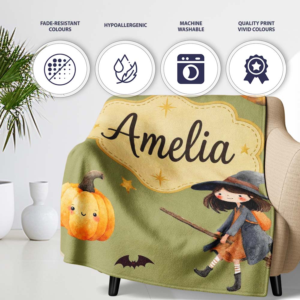 Halloween Witch Girl Flying with Cat, Bats, Stars Olive Green Lovely Personalised Custom Name Super Soft Fleece Blanket Bed Sofa Throw