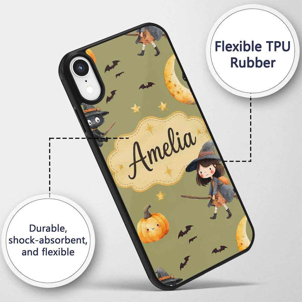 Halloween Witch Girl Flying with Cat, Bats, Stars Custom Name Protective Phone Case Mobile Cover Durable Everyday Smartphone Shock Resistant