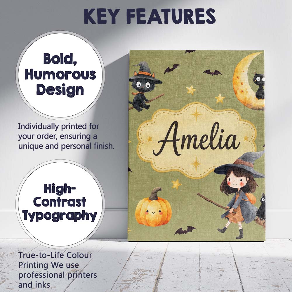 Personalised Name Halloween Witch Girl Custom Modern Room Accent Elegant Feature Canvas Wall Art Print Decor Picture Ready to Hang