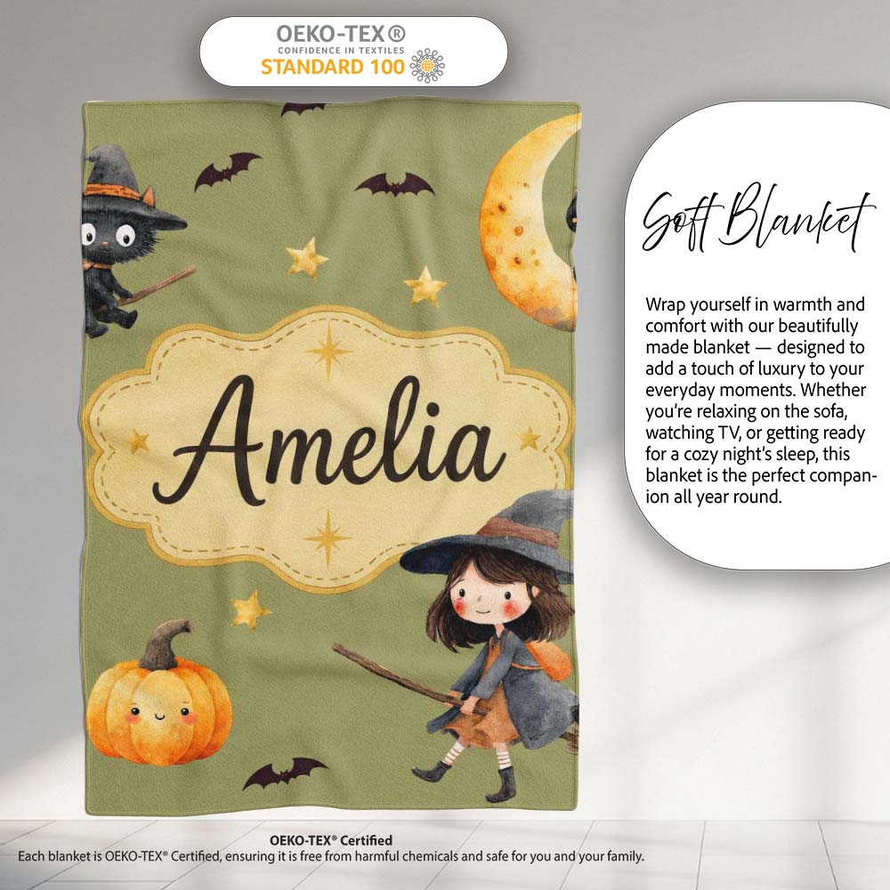 Halloween Witch Girl Flying with Cat, Bats, Stars Olive Green Lovely Personalised Custom Name Super Soft Fleece Blanket Bed Sofa Throw