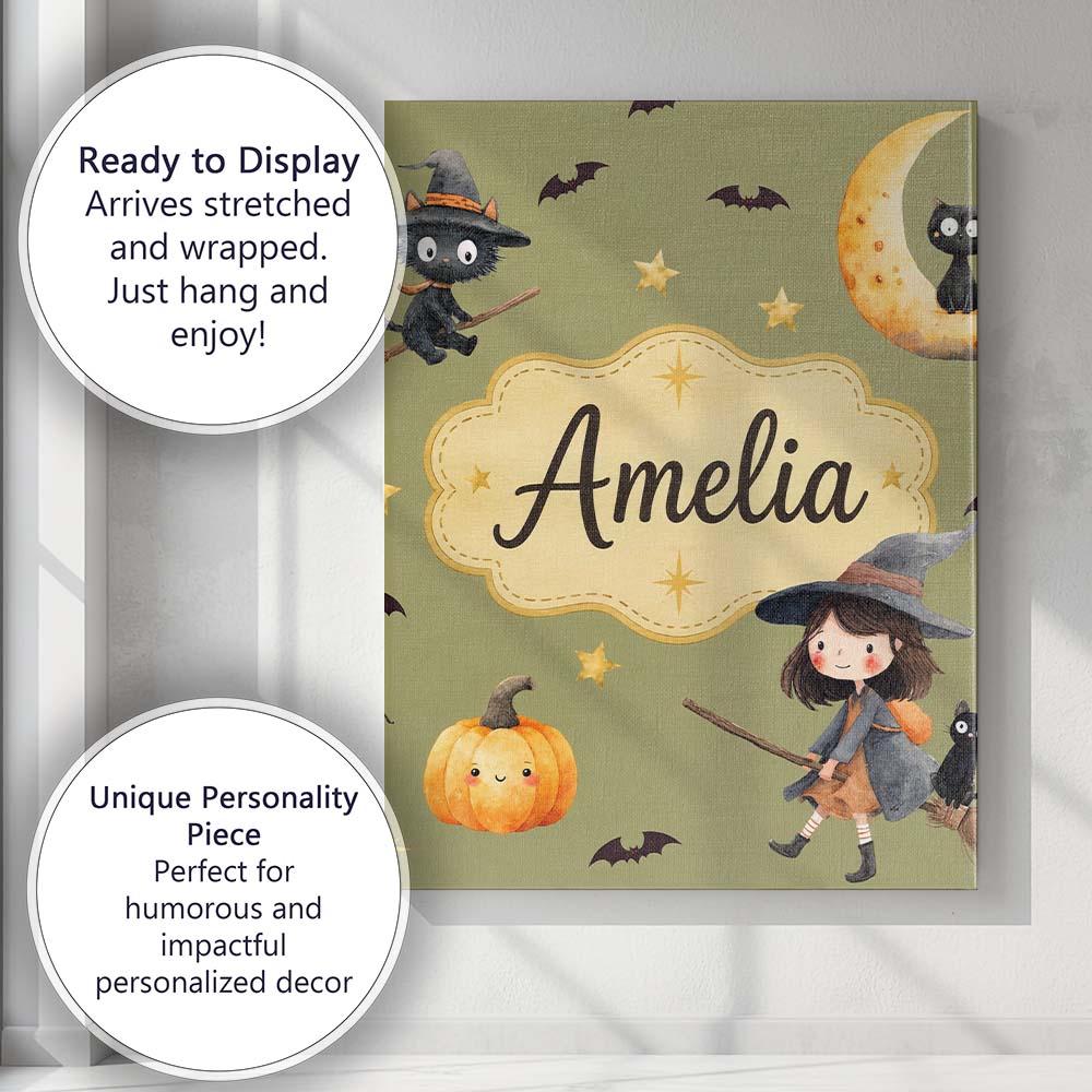Personalised Name Halloween Witch Girl Custom Modern Room Accent Elegant Feature Canvas Wall Art Print Decor Picture Ready to Hang