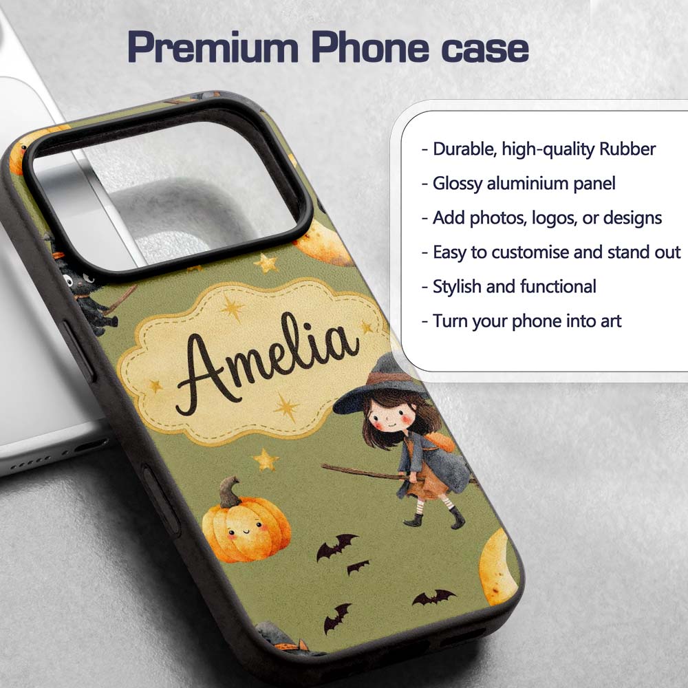 Halloween Witch Girl Flying with Cat, Bats, Stars Custom Name Protective Phone Case Mobile Cover Durable Everyday Smartphone Shock Resistant
