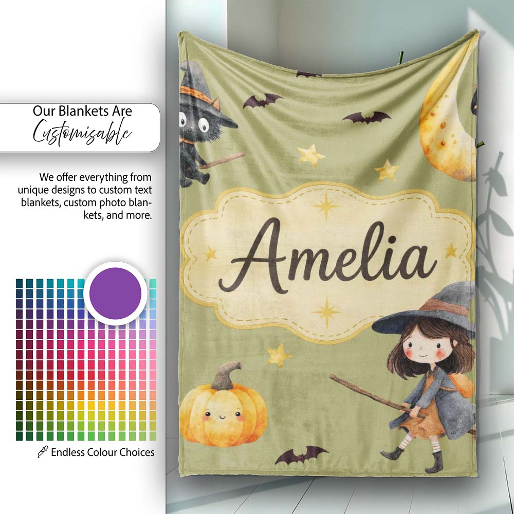 Halloween Witch Girl Flying with Cat, Bats, Stars Olive Green Lovely Personalised Custom Name Super Soft Fleece Blanket Bed Sofa Throw
