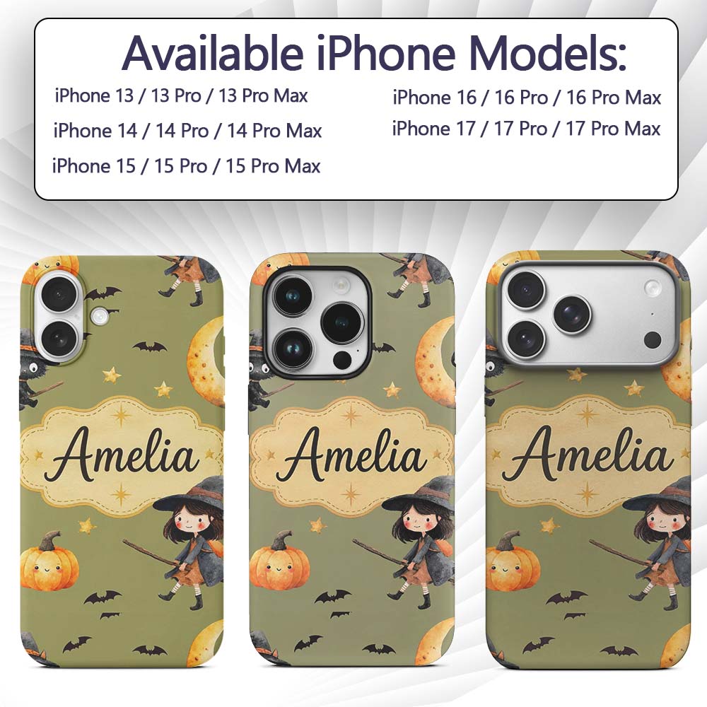 Halloween Witch Girl Flying with Cat, Bats, Stars Custom Name Protective Phone Case Mobile Cover Durable Everyday Smartphone Shock Resistant