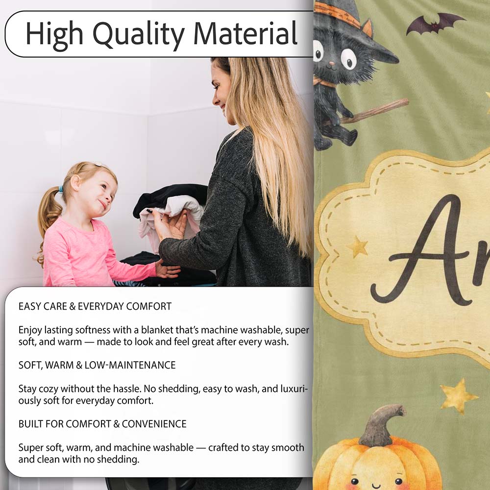 Halloween Witch Girl Flying with Cat, Bats, Stars Olive Green Lovely Personalised Custom Name Super Soft Fleece Blanket Bed Sofa Throw