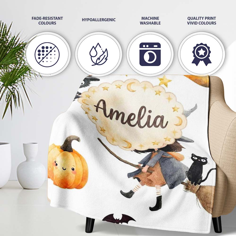 Halloween Witch Girl with Black Cats Moon and Stars Greys Lovely Personalised Custom Name Super Soft Fleece Blanket Bed Sofa Throw