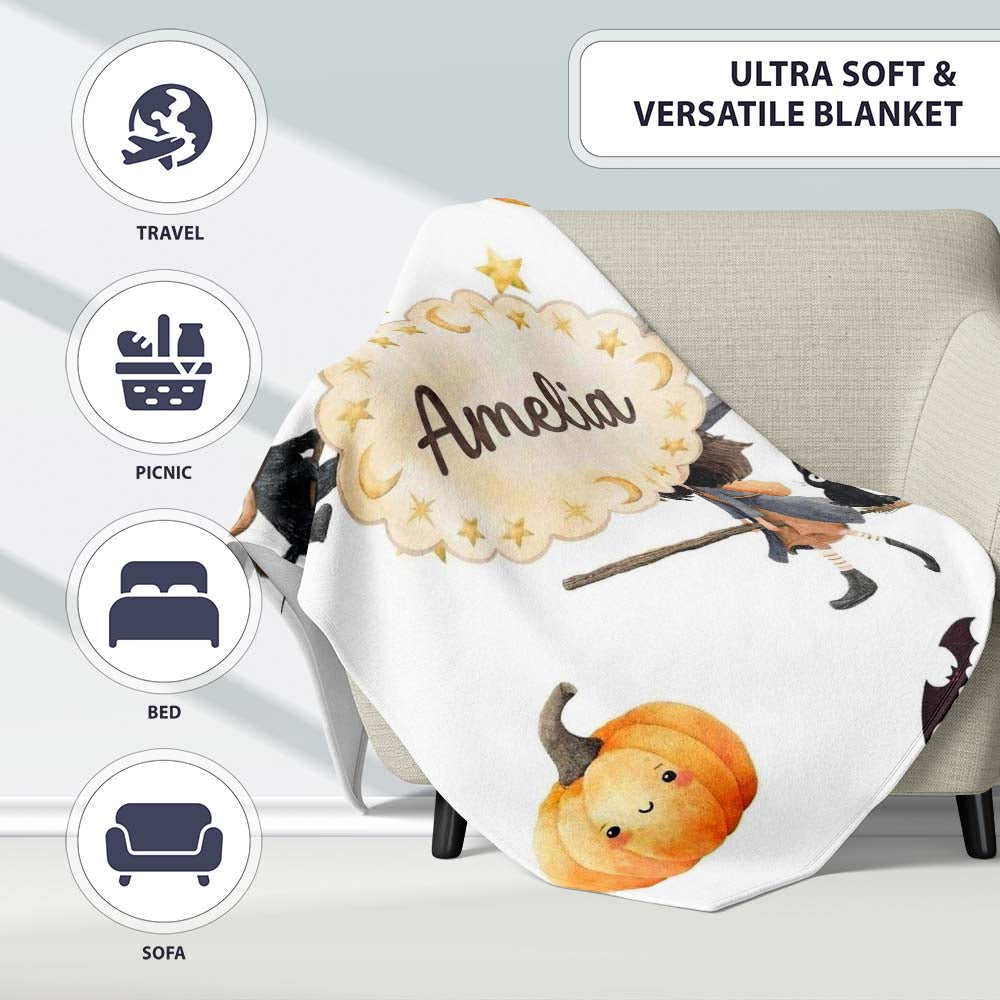 Halloween Witch Girl with Black Cats Moon and Stars Greys Lovely Personalised Custom Name Super Soft Fleece Blanket Bed Sofa Throw