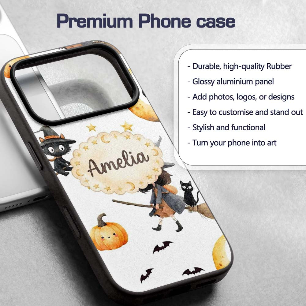 Halloween Witch Girl with Black Cats Moon and Custom Name Protective Phone Case Mobile Cover Durable Everyday Smartphone Shock Resistant