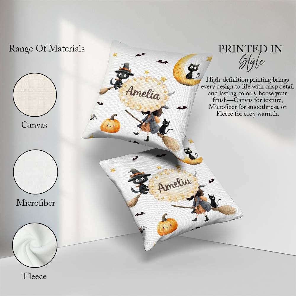 Custom Name Halloween Witch Girl with Black Cats and Stars Greys Square Filled Cushion Throw Pillow Sofa Bed Home Decor Zip Washable UK Made