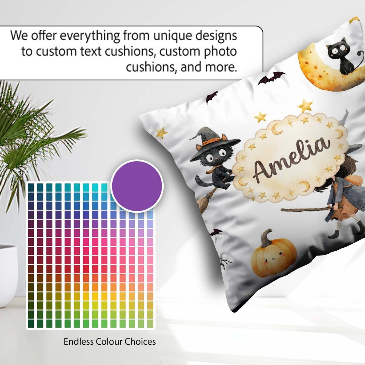 Custom Name Halloween Witch Girl with Black Cats and Stars Greys Square Filled Cushion Throw Pillow Sofa Bed Home Decor Zip Washable UK Made