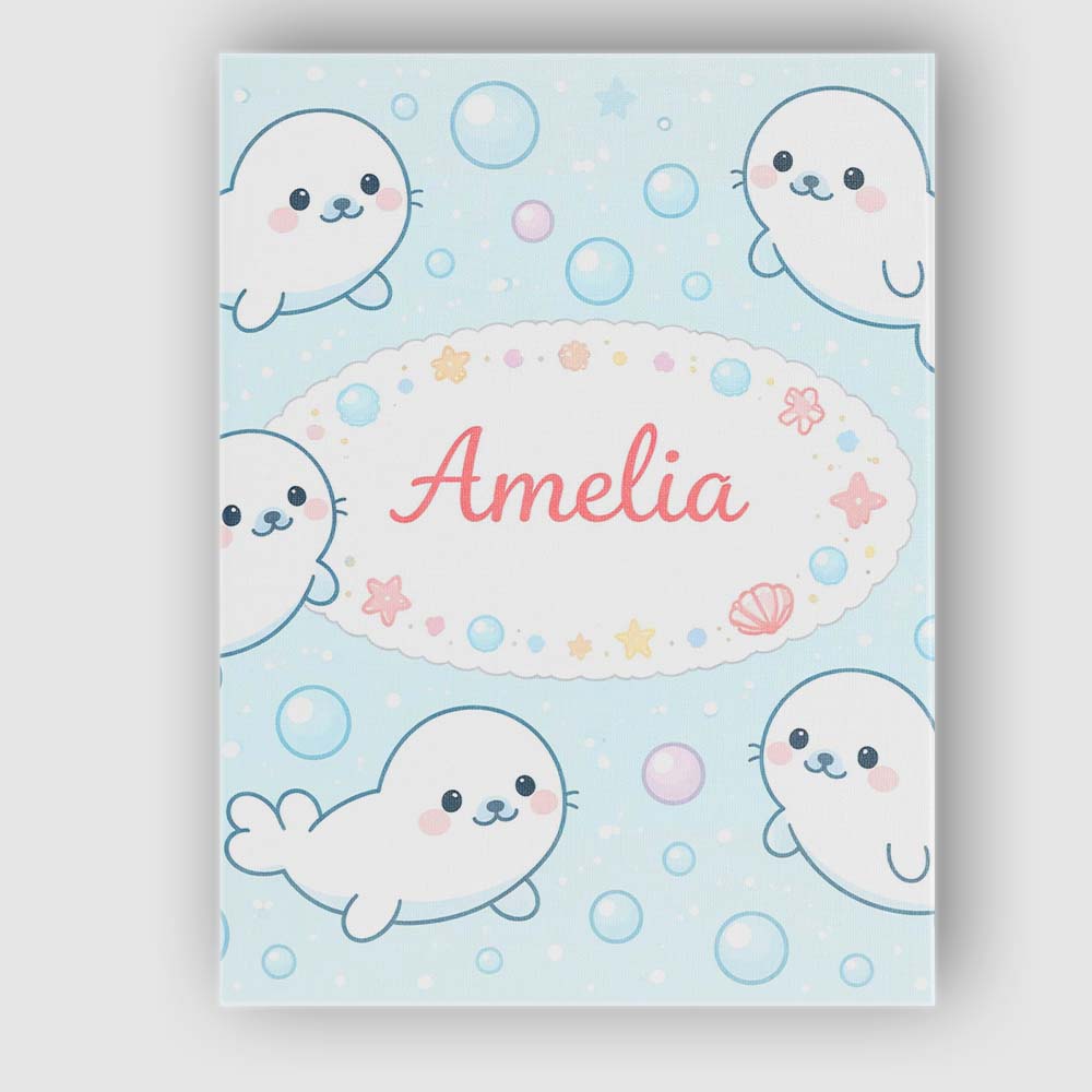Personalised Name Cute Kawaii Seal Cartoon Animal Ocean Pattern Custom Statement Canvas Wall Art Print Decor Picture Ready to Hang