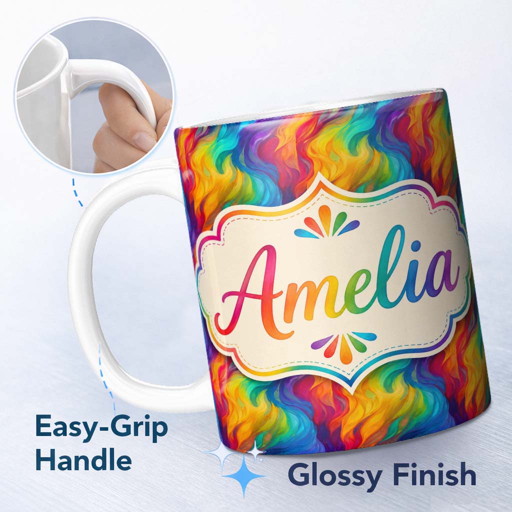 Personalized Custom Name Pastel Rainbow Diagonal Brush Texture Seamless Pattern Lovely 11oz Ceramic Coffee Tea Mug White Large Handle