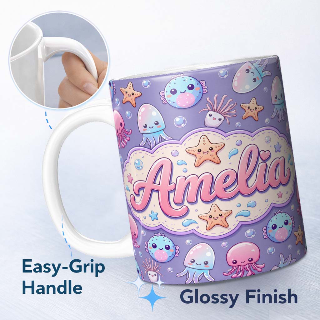 Personalized Custom Name Jellyfish Puffer Fish Starfish Pastel Ocean Creatures Lavender 11oz Ceramic Coffee Tea Mug White Large Handle