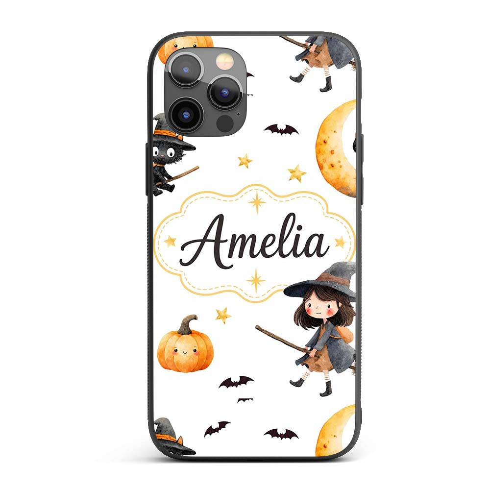 Halloween Witch Girl with Black Cats Moon and Custom Name Protective Phone Case Mobile Cover Durable Everyday Smartphone Shock Resistant