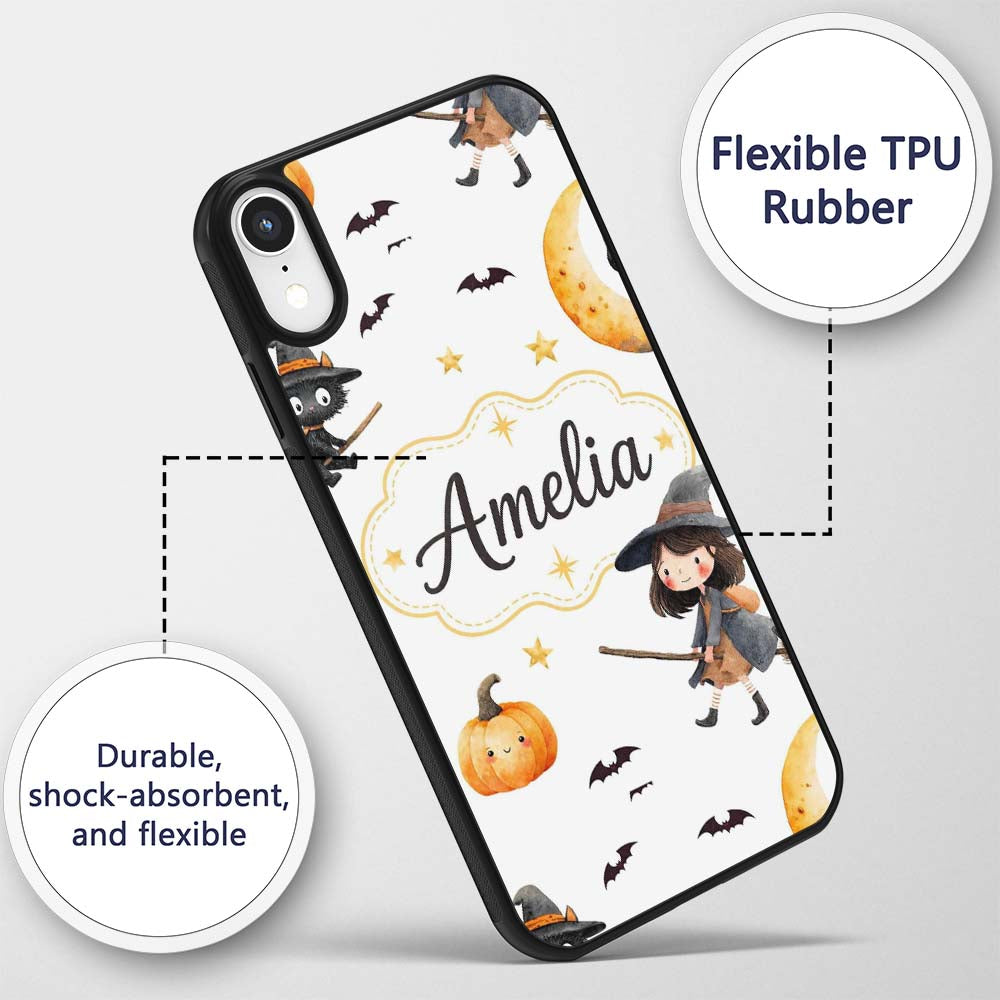 Halloween Witch Girl with Black Cats Moon and Custom Name Protective Phone Case Mobile Cover Durable Everyday Smartphone Shock Resistant