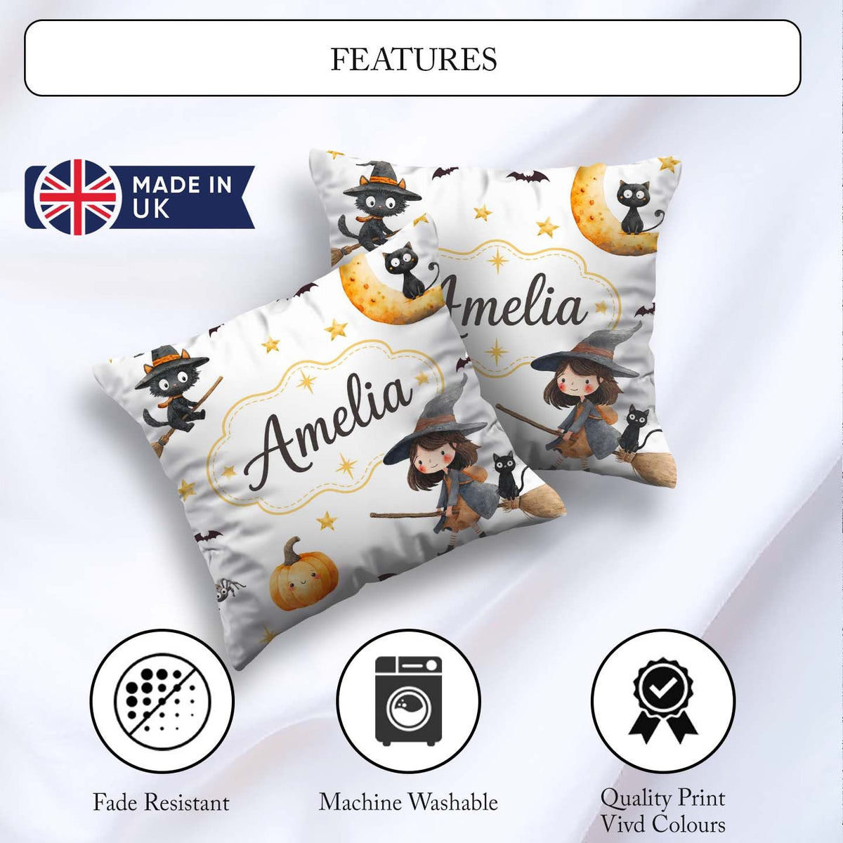 Custom Name Witch Girl with Black Cats Moon and Stars Light Grey Square Filled Cushion Throw Pillow Sofa Bed Home Decor Zip Washable UK Made