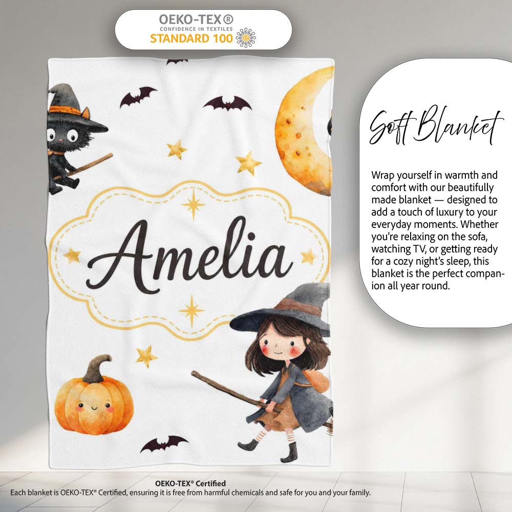 Halloween Witch Girl with Black Cats Moon and Stars Light Grey Personalised Custom Name Super Soft Fleece Blanket Bed Sofa Throw