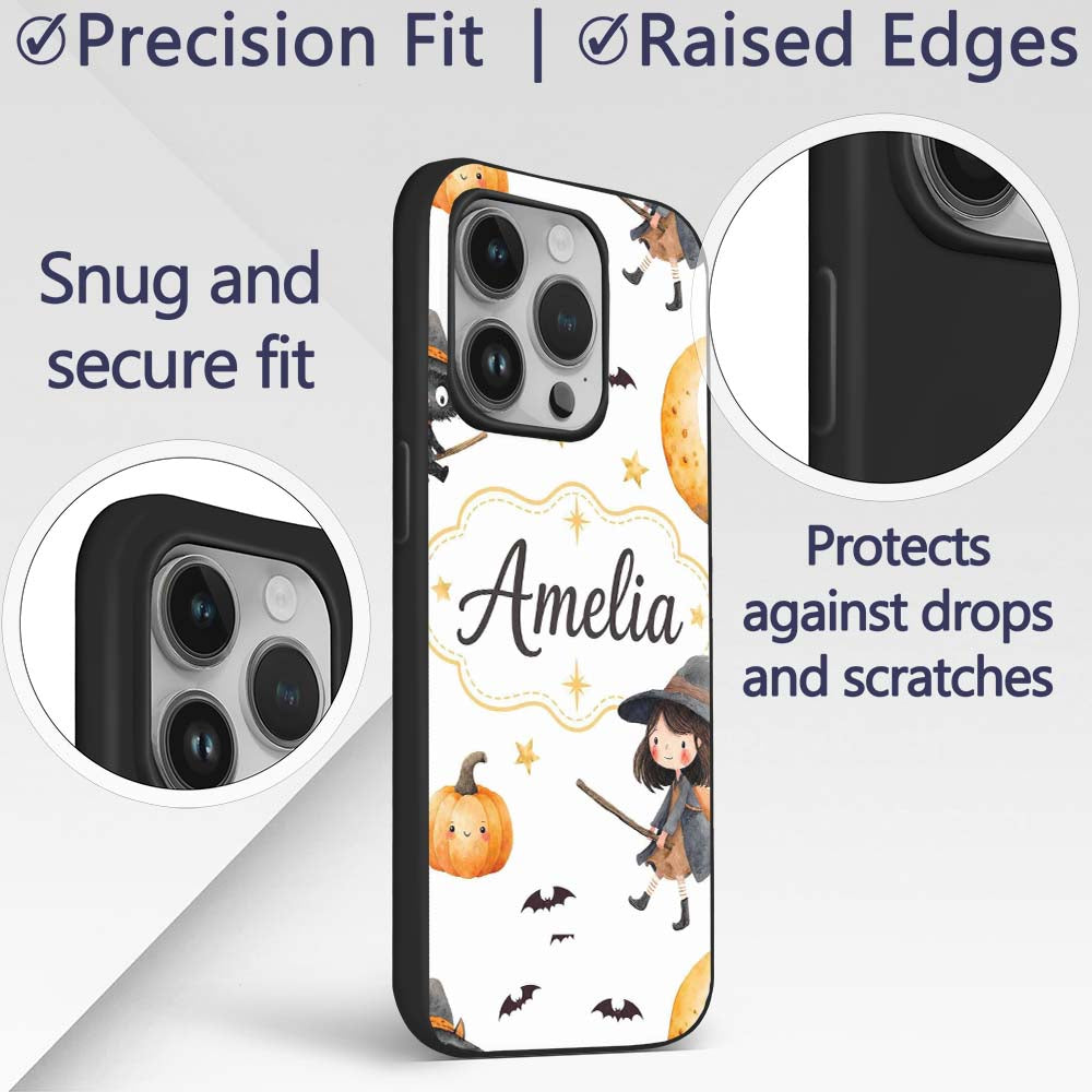 Halloween Witch Girl with Black Cats Moon and Custom Name Protective Phone Case Mobile Cover Durable Everyday Smartphone Shock Resistant