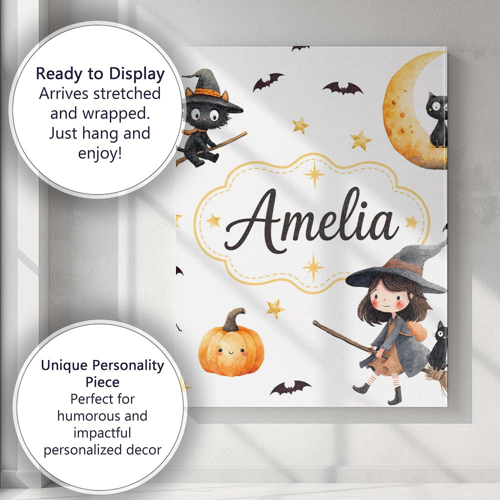 Personalised Name Halloween Witch Girl with Custom Bespoke Interior Contemporary Canvas Wall Art Print Decor Picture Ready to Hang
