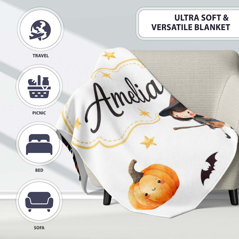 Halloween Witch Girl with Black Cats Moon and Stars Light Grey Personalised Custom Name Super Soft Fleece Blanket Bed Sofa Throw