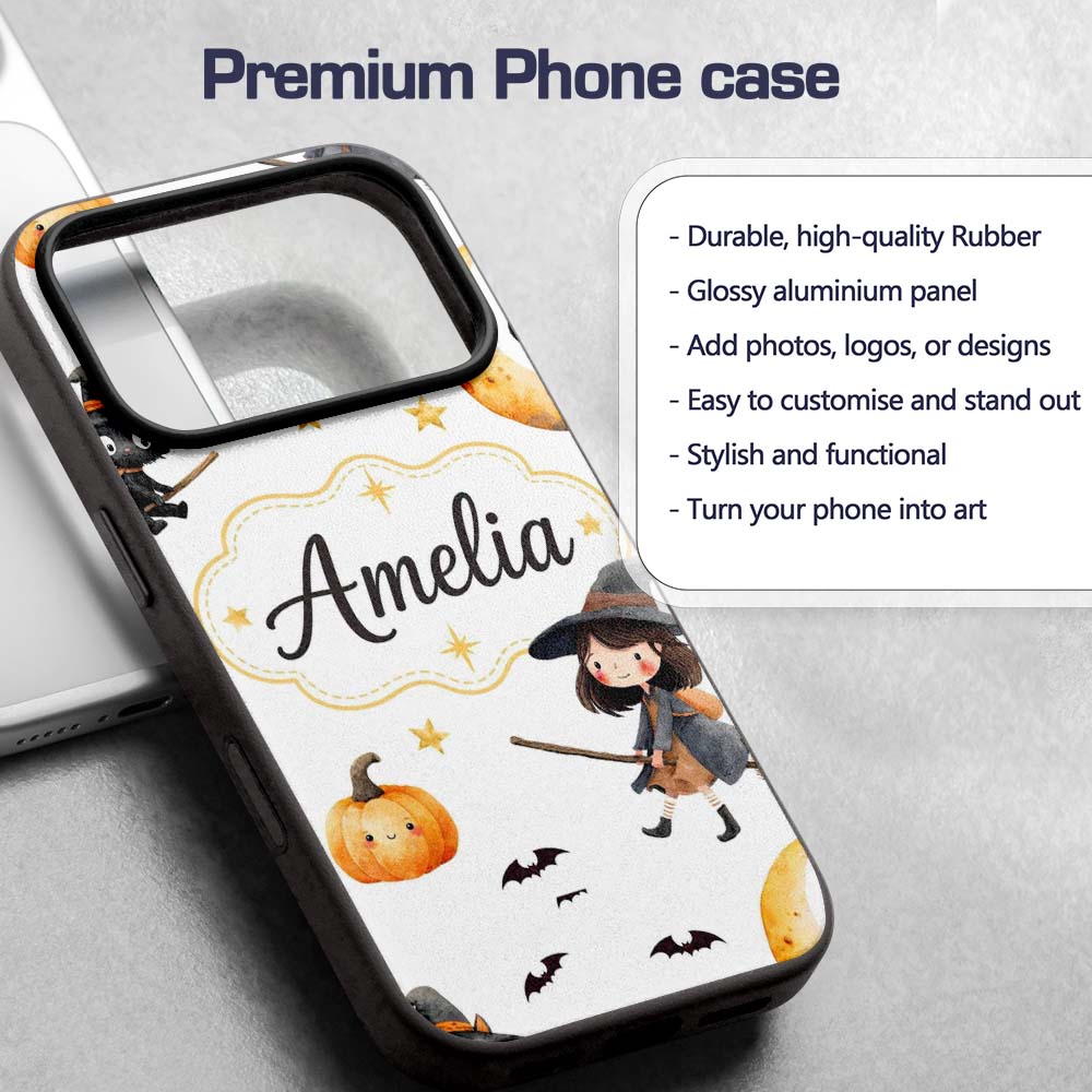 Halloween Witch Girl with Black Cats Moon and Custom Name Protective Phone Case Mobile Cover Durable Everyday Smartphone Shock Resistant