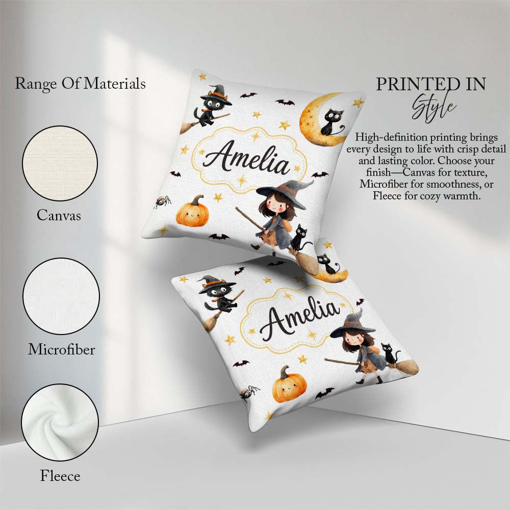 Custom Name Witch Girl with Black Cats Moon and Stars Light Grey Square Filled Cushion Throw Pillow Sofa Bed Home Decor Zip Washable UK Made