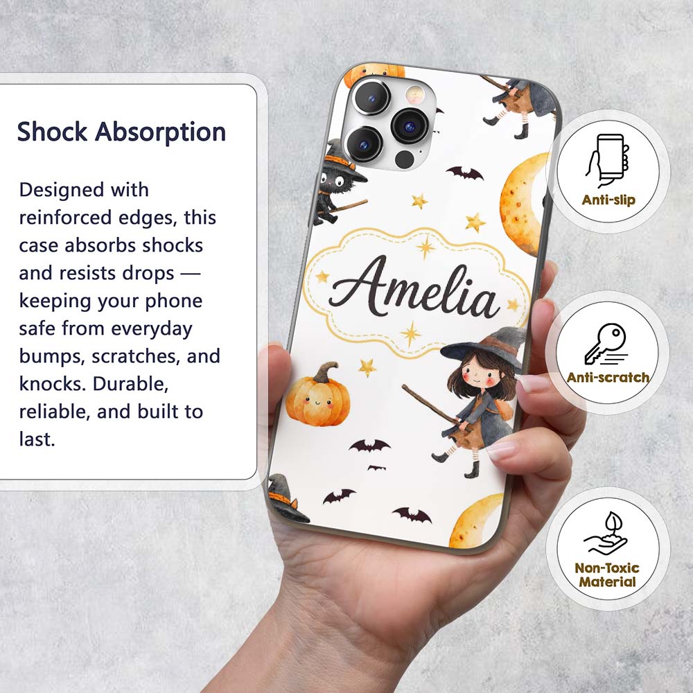 Halloween Witch Girl with Black Cats Moon and Custom Name Protective Phone Case Mobile Cover Durable Everyday Smartphone Shock Resistant