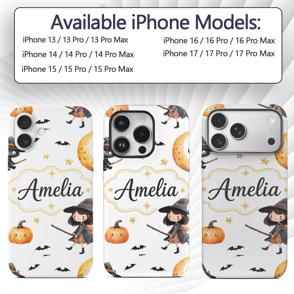 Halloween Witch Girl with Black Cats Moon and Custom Name Protective Phone Case Mobile Cover Durable Everyday Smartphone Shock Resistant
