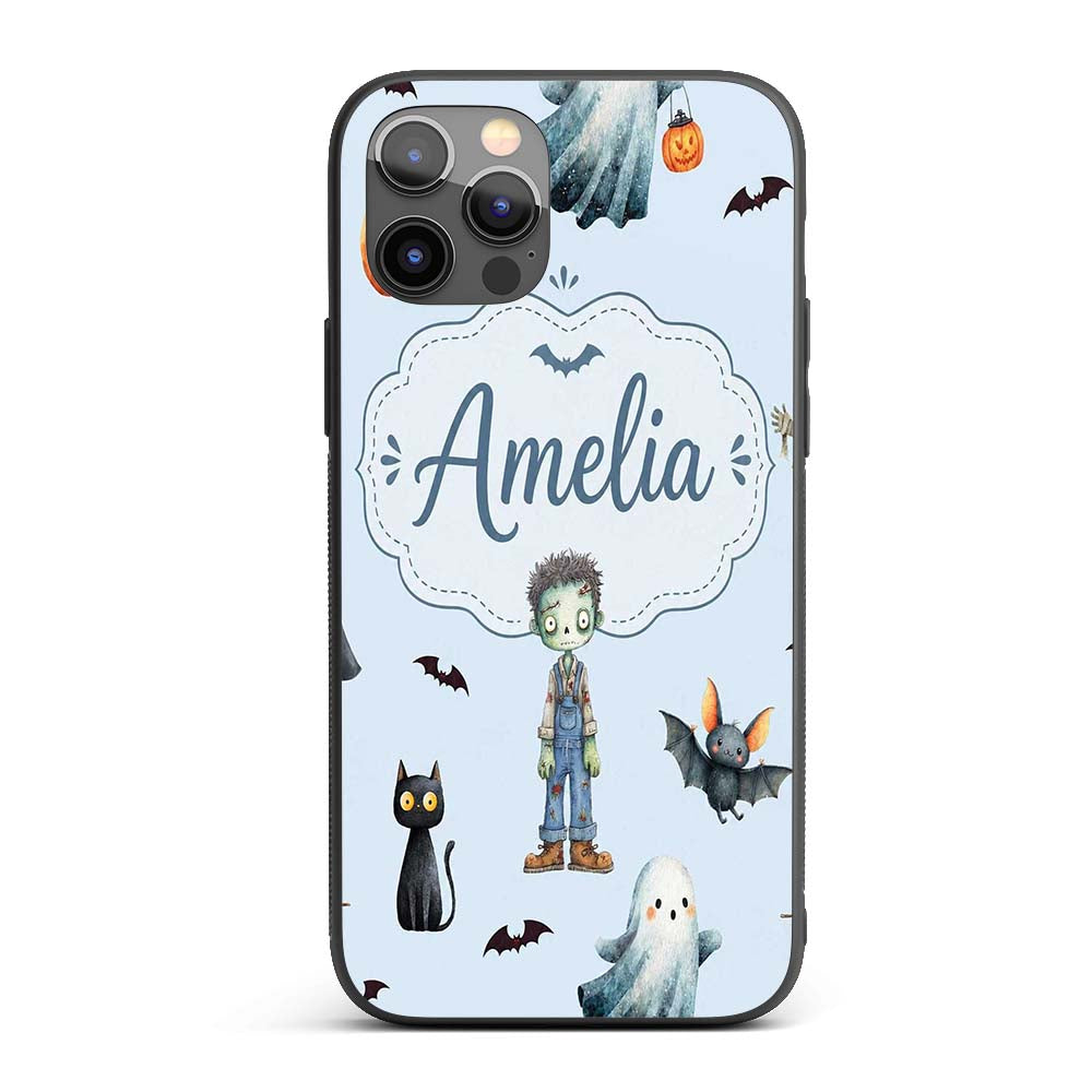 Halloween Zombie Mummy Vampire and Bat Characters Custom Name Protective Phone Case Mobile Cover Durable Everyday Smartphone Shock Resistant