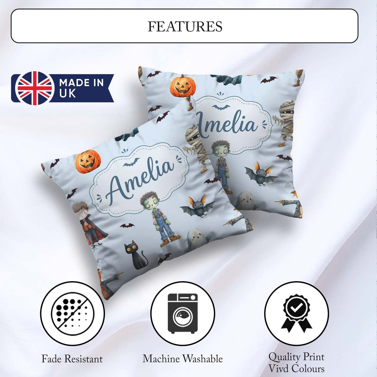 Custom Name Halloween Zombie Mummy and Bat Characters Background Square Filled Cushion Throw Pillow Sofa Bed Home Decor Zip Washable UK Made