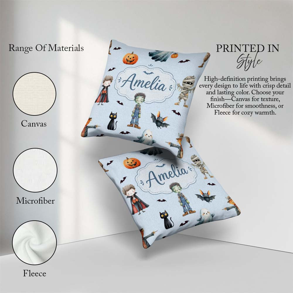 Custom Name Halloween Zombie Mummy and Bat Characters Background Square Filled Cushion Throw Pillow Sofa Bed Home Decor Zip Washable UK Made