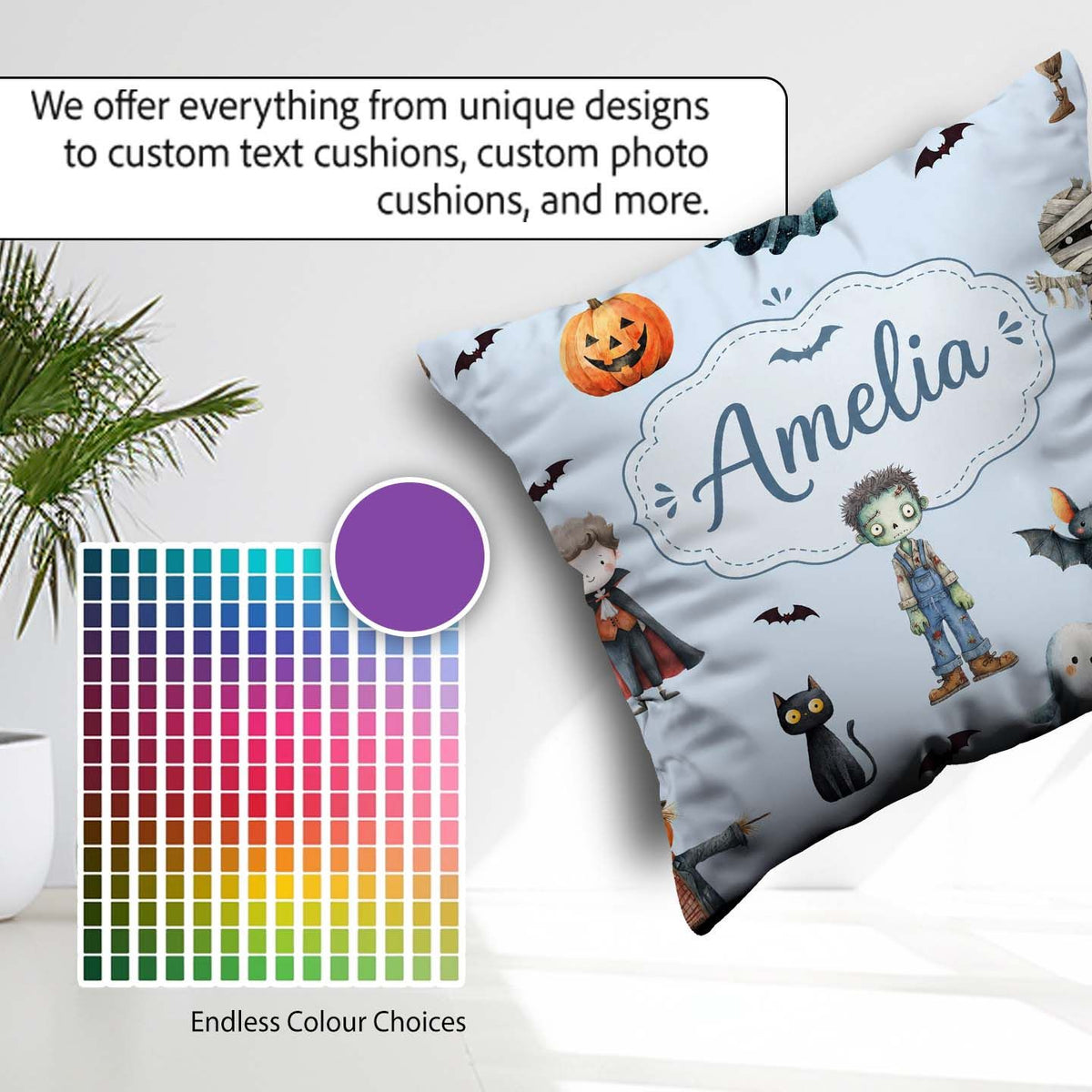 Custom Name Halloween Zombie Mummy and Bat Characters Background Square Filled Cushion Throw Pillow Sofa Bed Home Decor Zip Washable UK Made