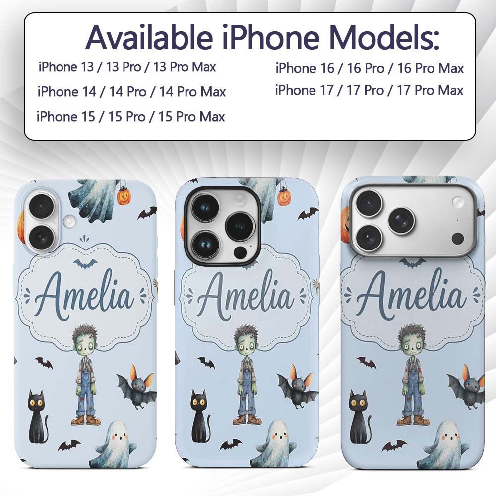 Halloween Zombie Mummy Vampire and Bat Characters Custom Name Protective Phone Case Mobile Cover Durable Everyday Smartphone Shock Resistant